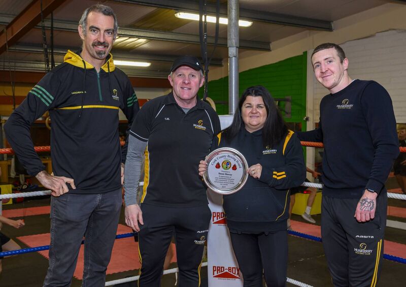 Susan Murray of Muskerry BC, who received an award in recognition of her dedication to Cork Boxing, from the Cork County Boxing Board recently pictured with club mates Mike McGrath, Tom Murray and Darren Shanahan. Picture: Doug Minihane