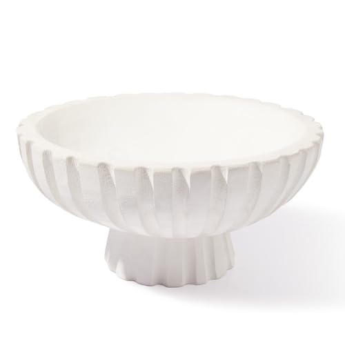 Dn Deconation White Wooden Decorative Bowl With Stand, 11.22" Wood Fruit Candy Key Holder Bowl for Centerpiece Home Room Decor Farmhouse Shelf Coffee Table Entryway