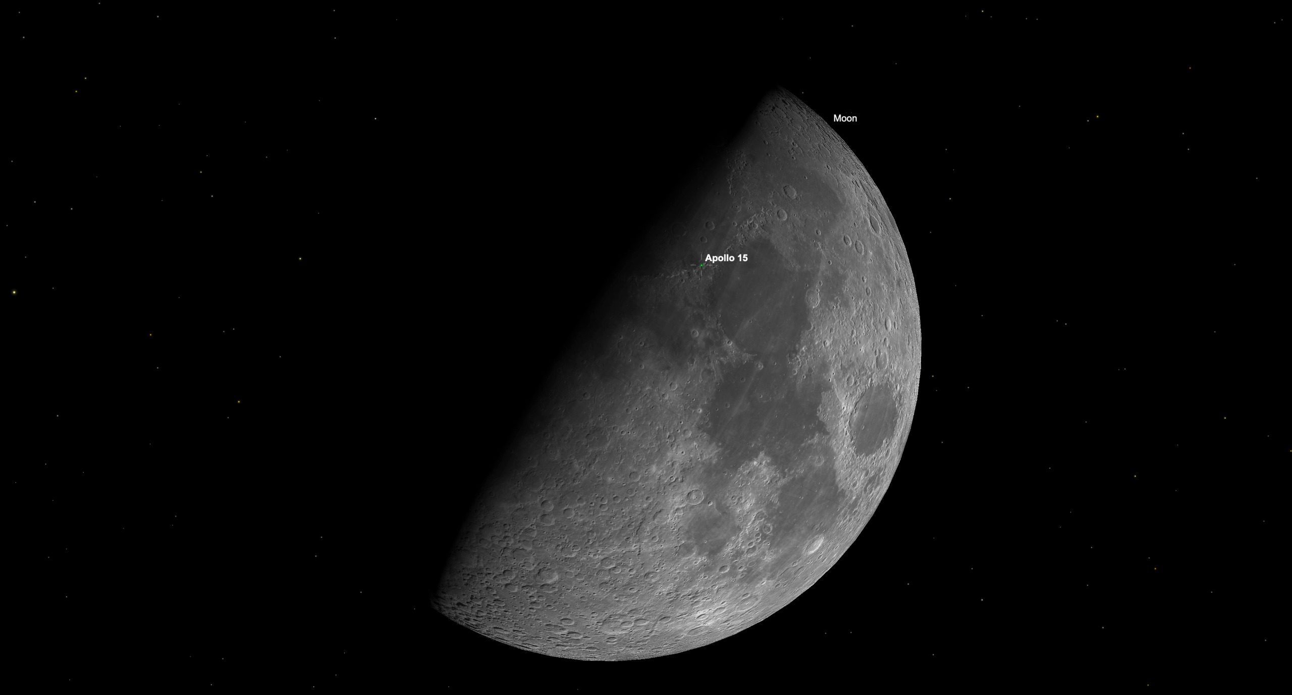 Close-up simulation of the first-quarter moon on Oct. 18, with the Apollo 15 landing site labeled near the lunar terminator.