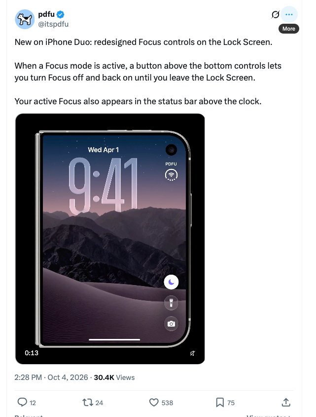 Tweet showing an iPhone lock screen with large 9:41 time, mountain wallpaper, and a circular Focus button labeled FDFU near the top right, plus tweet text describing redesigned Focus controls