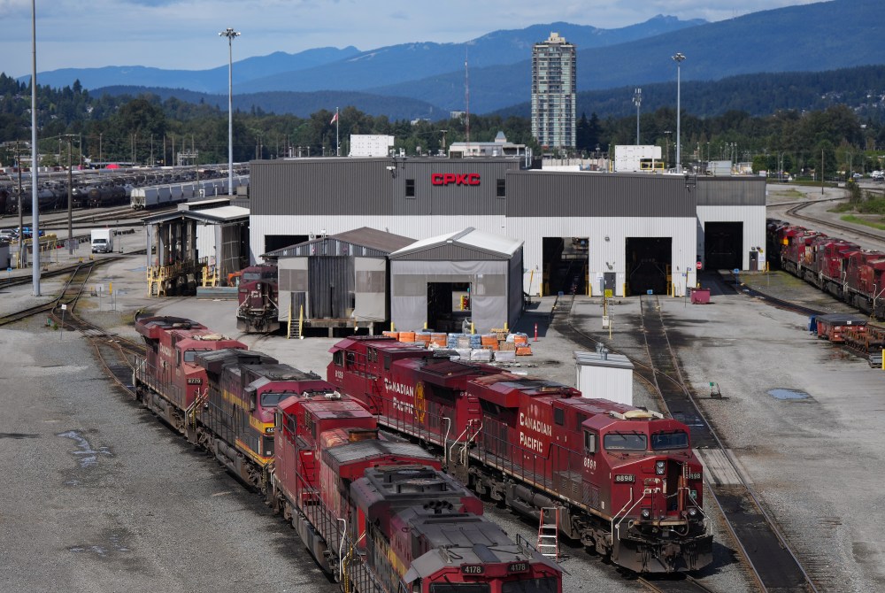 Locomotives sit idle at the Canadian Pacific Kansas City (CPKC) rail yard in Port Coquitlam, B.C., Monday, Aug. 19, 2024. THE CANADIAN PRESS/Darryl Dyck