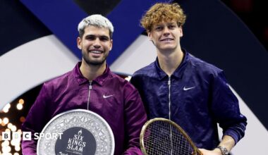 Carlos Alcaraz and Jannik Sinner pose with their prizes at the 2025 Six Kings Slams