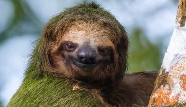 Brown-throated sloth in forest