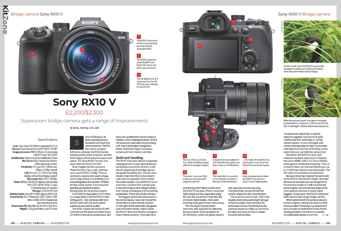 Image showing the first two pages of the Sony RX10 V review, in issue 313 (November 2026) of Digital Camera magazine