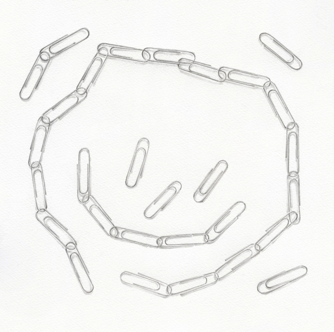 Smiley face composed of linked paperclips arranged in a circle, drawn in graphite pencil