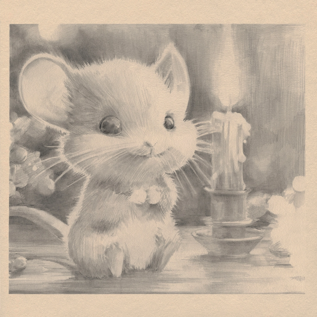 A fluffy white kitten with large eyes sits beside a lit candle in a pencil illustration