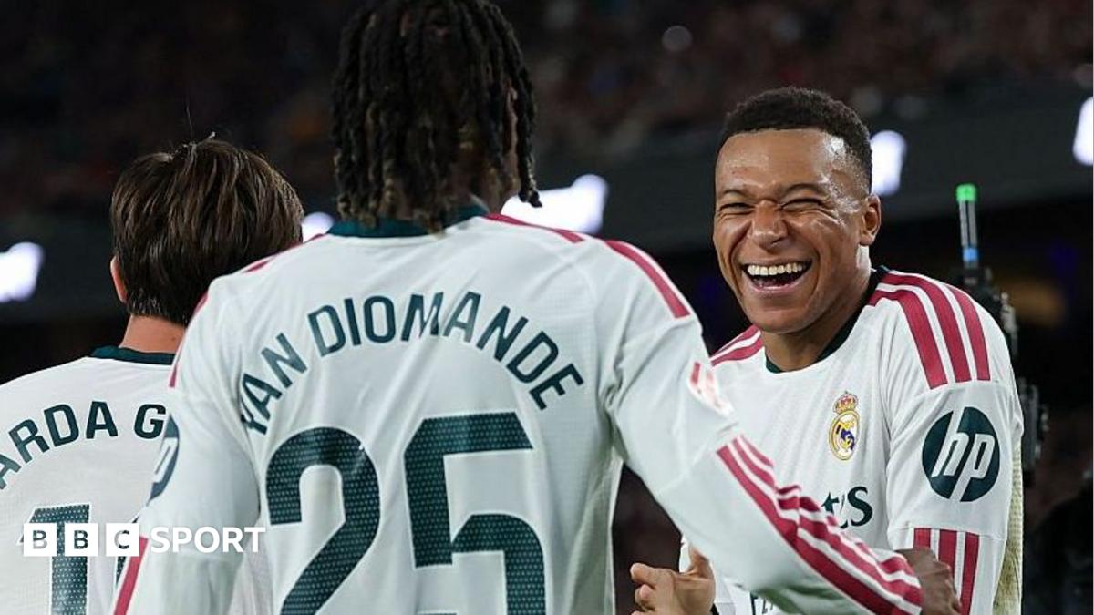 Kylian Mbappe celebrates a goal for Real Madrid against Barcelona