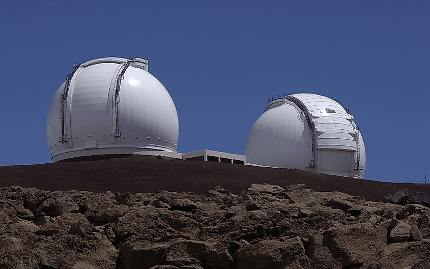 The twin domes of the W.M. Keck Observatory on the summit of Maunakea, Hawaii.