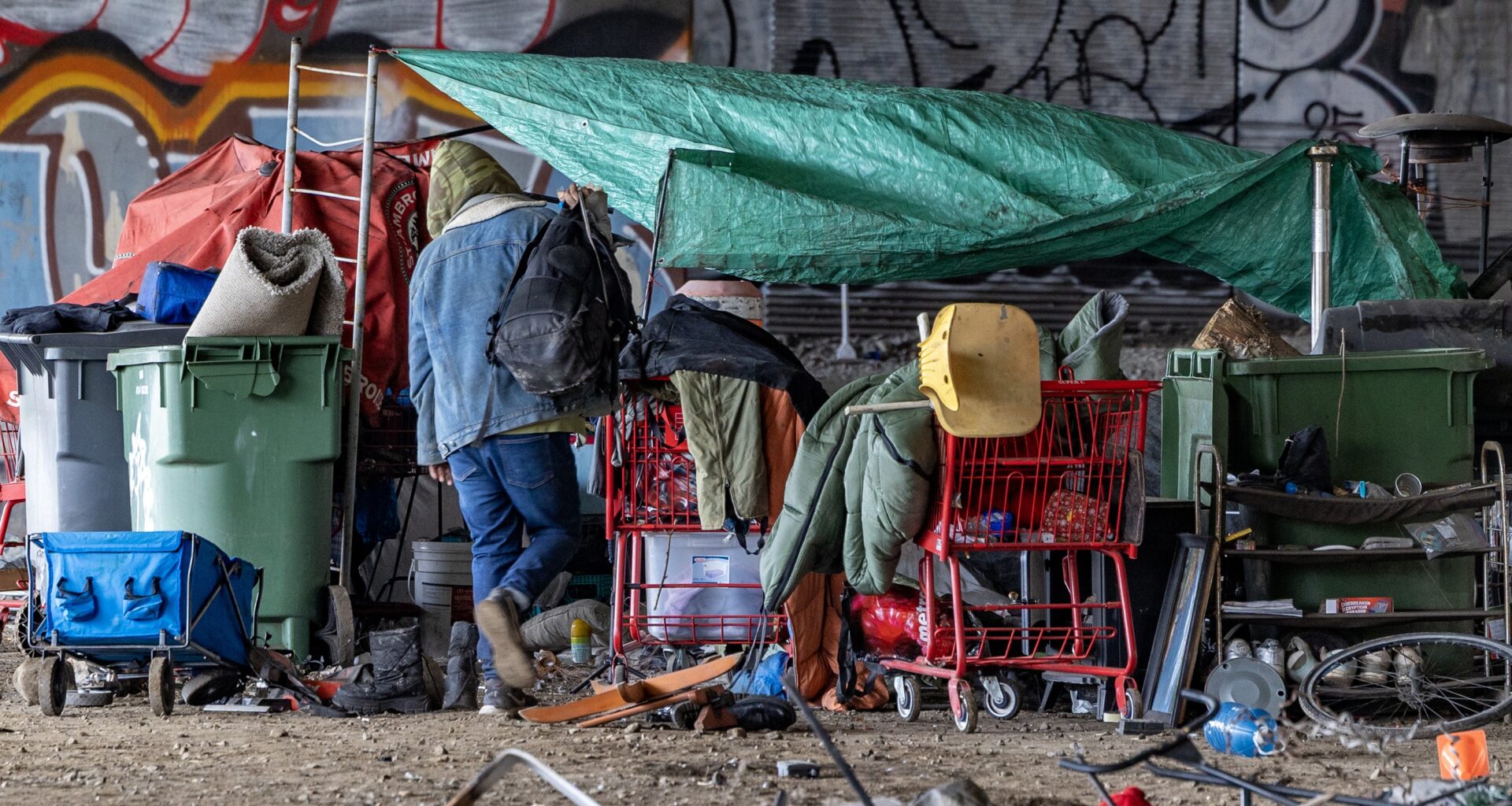 A man approaches a structure in an encampment under an overpass.
