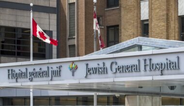 Jewish General Hospital sign is seen over front entranceway.
