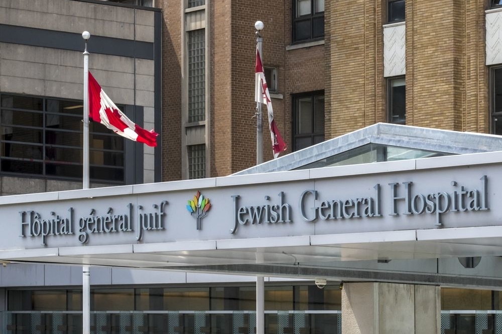 Jewish General Hospital sign is seen over front entranceway.