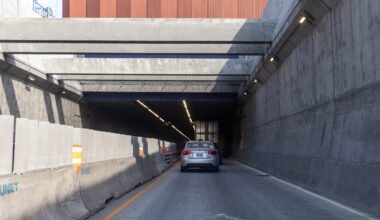 The entrance to a vehicle tunnel.