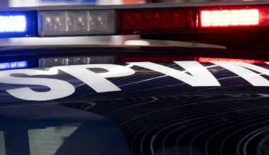 A closeup of an SPVM police car's red and blue lights.