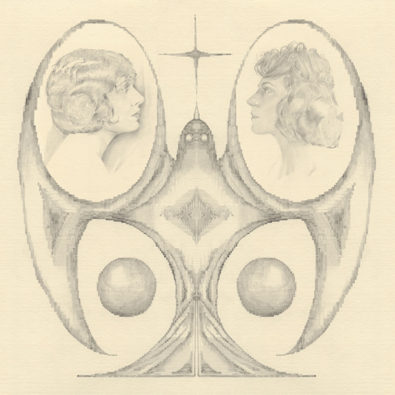 Symmetrical pencil drawing featuring two profile portrait heads at the top and two spheres below, arranged within an ornate oval frame with geometric elements and a central cross motif