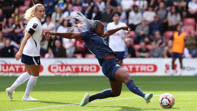 Kadidiatou Diani of London City Lionesses scores her team’s second goal during the Barclays Women's Super League 2026/27 match between Tottenham Hotspur and London City Lionesses at BetWright Stadium on October 04, 2026 in London, England