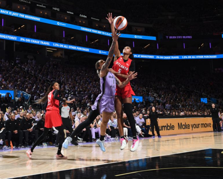 SAN FRANCISCO, CA - OCTOBER 17: Angel Reese #5 of the Atlanta Dream blocks the shot during the game against the Golden State Valkyries during Game One of the 2026 WNBA Finals on October 17, 2026 at Chase Center in San Francisco, California. NOTE TO USER: User expressly acknowledges and agrees that, by downloading and or using this photograph, user is consenting to the terms and conditions of Getty Images License Agreement. Mandatory Copyright Notice: Copyright 2026 NBAE Noah Graham/NBAE via Getty Images/AFP (Photo by Noah Graham / NBAE / Getty Images / Getty Images via AFP)