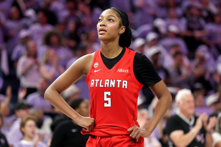 SAN FRANCISCO, CALIFORNIA - OCTOBER 17: Angel Reese #5 of the Atlanta Dream reacts after the 68-64 loss against the Golden State Valkyries in game one of the WNBA Finals at Chase Center on October 17, 2026 in San Francisco, California. NOTE TO USER: User expressly acknowledges and agrees that, by downloading and or using this photograph, User is consenting to the terms and conditions of the Getty Images License Agreement. Ezra Shaw/Getty Images/AFP (Photo by EZRA SHAW / GETTY IMAGES NORTH AMERICA / Getty Images via AFP)
