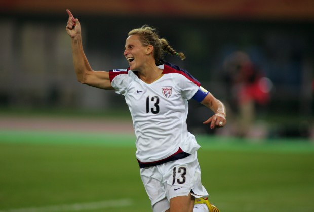 Kristine Lilly of the United States reacts after scoring the third goal for the United States against England during their quarterfinal match at the 2007 FIFA Women's World Cup soccer tournament in Tianjin, China, Saturday Sept. 22, 2007. (AP Photo/Saurabh Das)