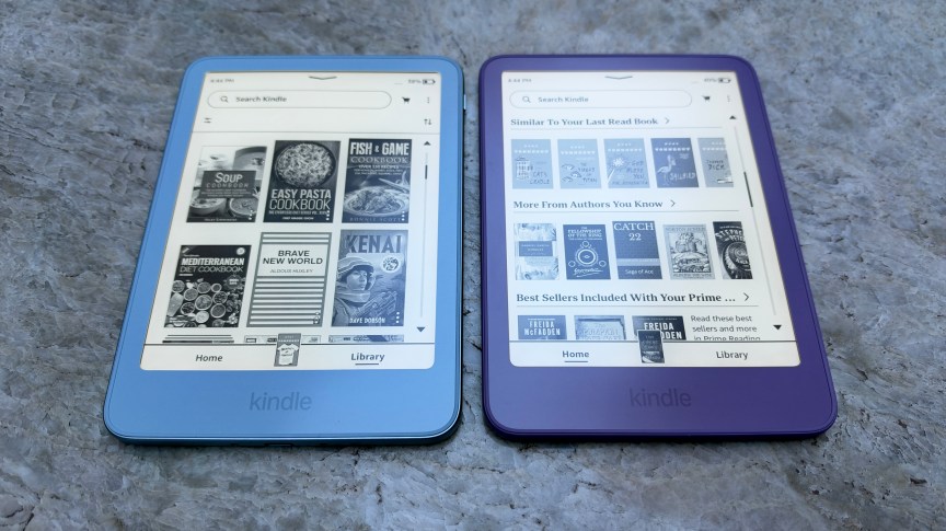 The two versions of the base Kindle shown side by side, with the model on the right featuring an aluminum housing.