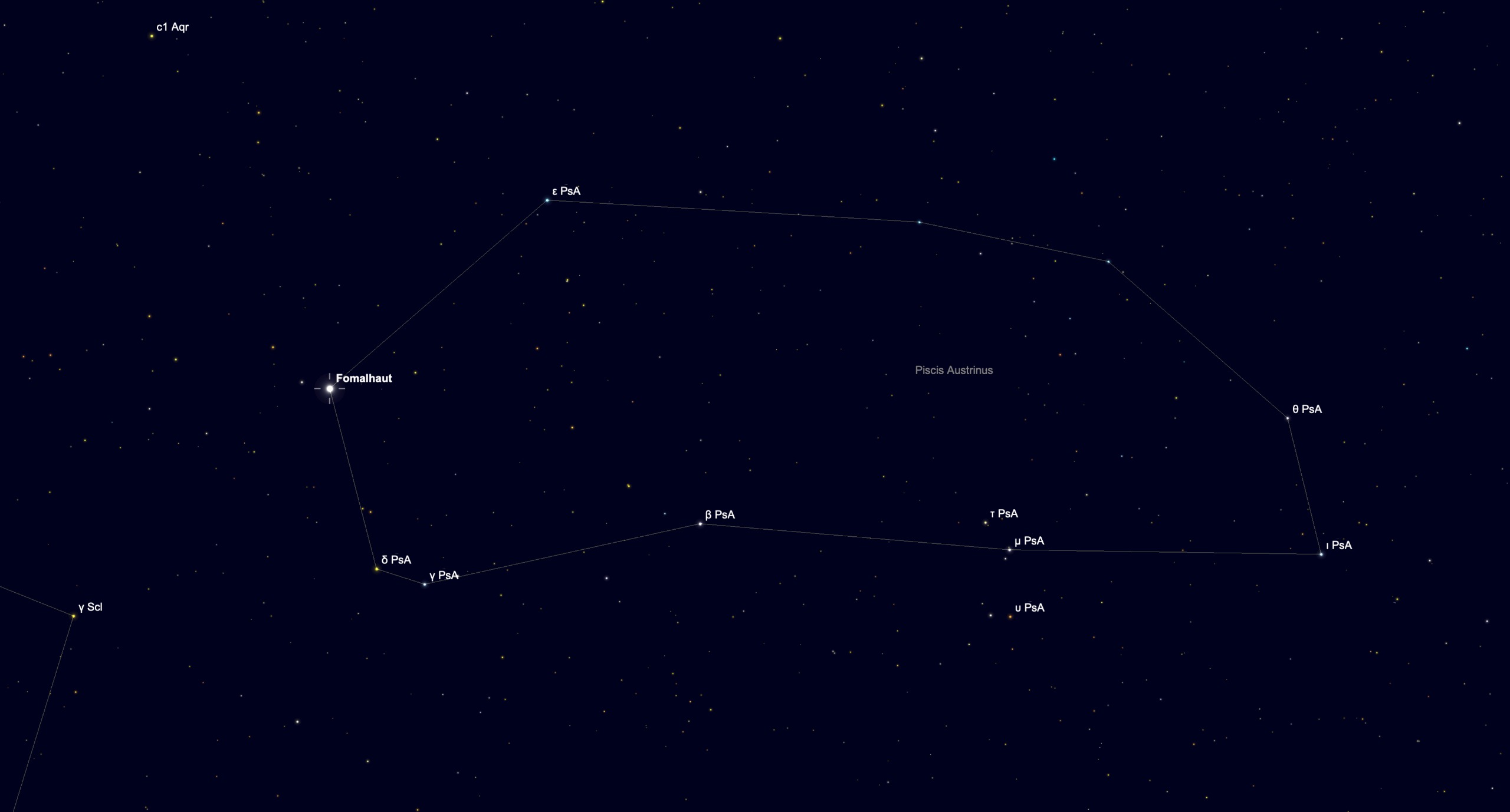 Star chart showing the bright star Fomalhaut in the constellation Piscis Austrinus.