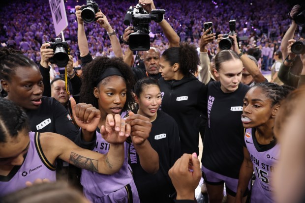 The Golden State Valkyries celebrate their 64-55 WNBA win over the Atlanta Dream  at the Chase Center in San Francisco, Calif., on Monday, October 26, 2026. (Jane Tyska/Bay Area News Group)