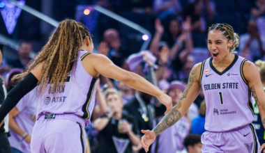 Two basketball players from Golden State are celebrating on the court, reaching out for a high-five with excited expressions.