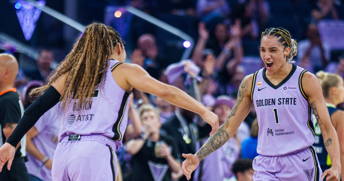 Two basketball players from Golden State are celebrating on the court, reaching out for a high-five with excited expressions.
