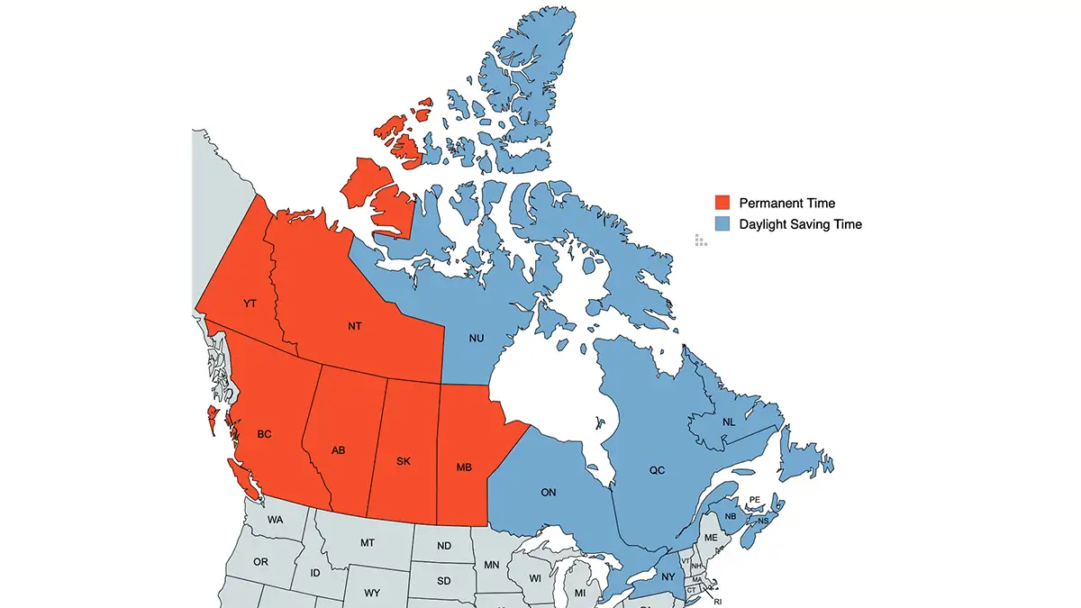 A map of Canada and southern USA, with provinces and states highlighted in two colours, red meaning it is a province that has adopted a permanent standard time, and blue meaning it is still on a seasonally-changing daylight saving time.