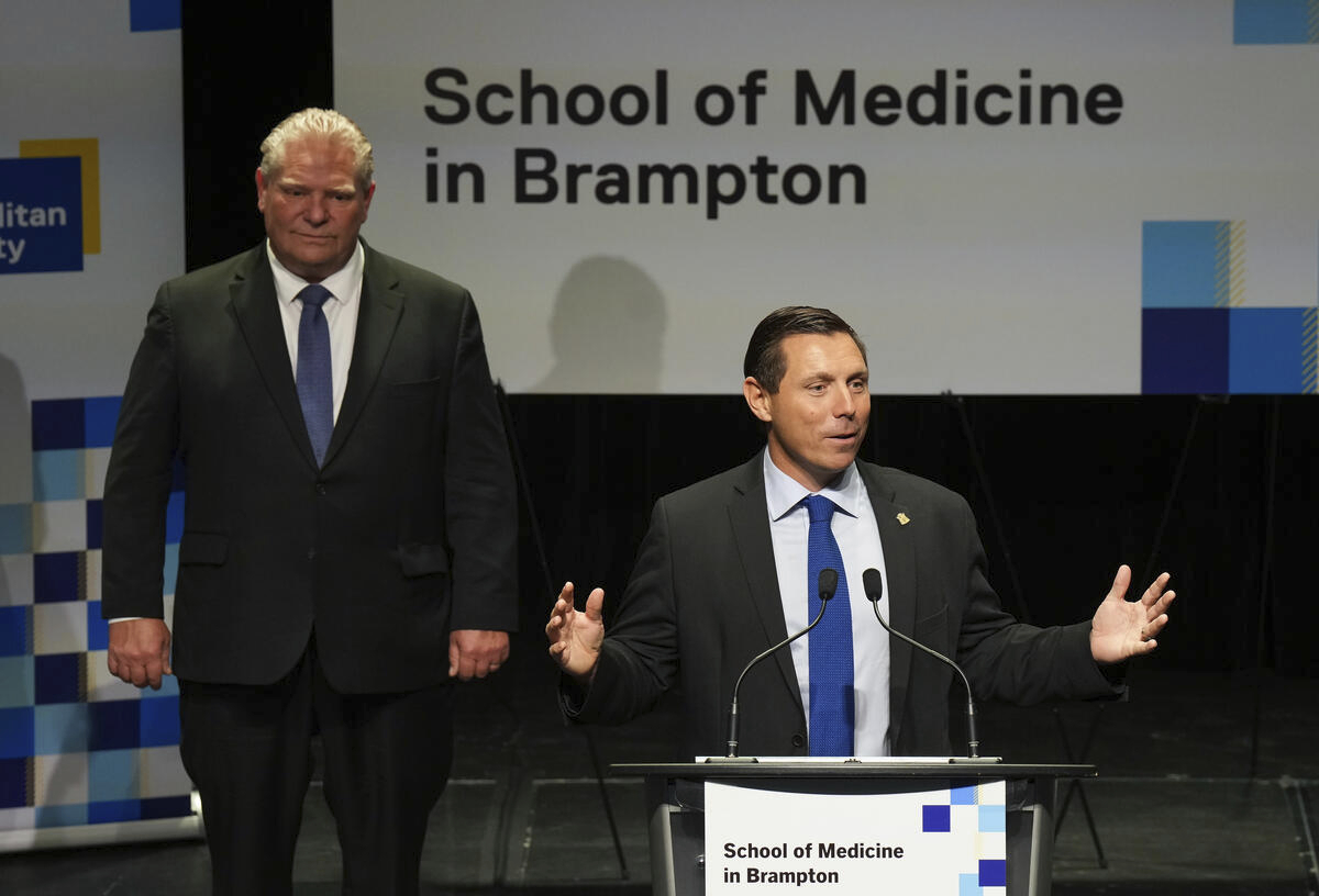 Patrick Brown speaks alongside Premier Doug Ford during a press conference about the Toronto Metropolitan University's new School of Medicine in Brampton in January, 2023. Photo by Nathan Denette / The Canadian Press