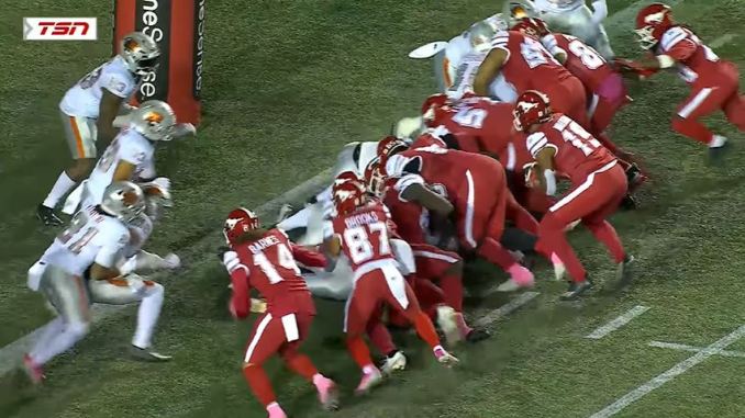 Calgary QB Quincy Vaughn 2 TD vs BC SAT CFL YouTube Calgary Stampeders quarterback Quincy Vaughn scored two touchdowns against the B.C. Lions on Saturday night. (Credit: Screengrab/ CFL YouTube)