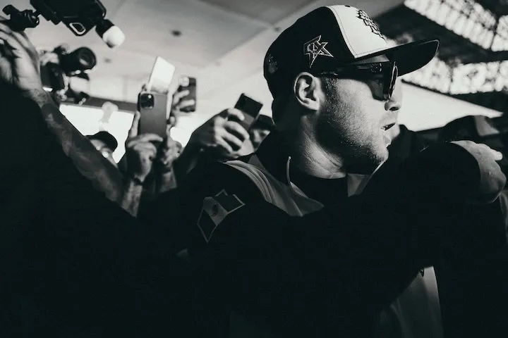 Canelo Alvarez is surrounded by media in Las Vegas in September 2024