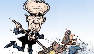 A cartoon caricature of Mark Carney holds a broom labelled &lsquo;Bill C-39&rsquo; and sweeps the floor along with the following items: a bear labelled &lsquo;environmental protections,&rsquo; a person wearing an Indigenous headdress labelled &lsquo;First Nations consultation,&rsquo; and an upside down person labelled &lsquo;labour rights.&rsquo;