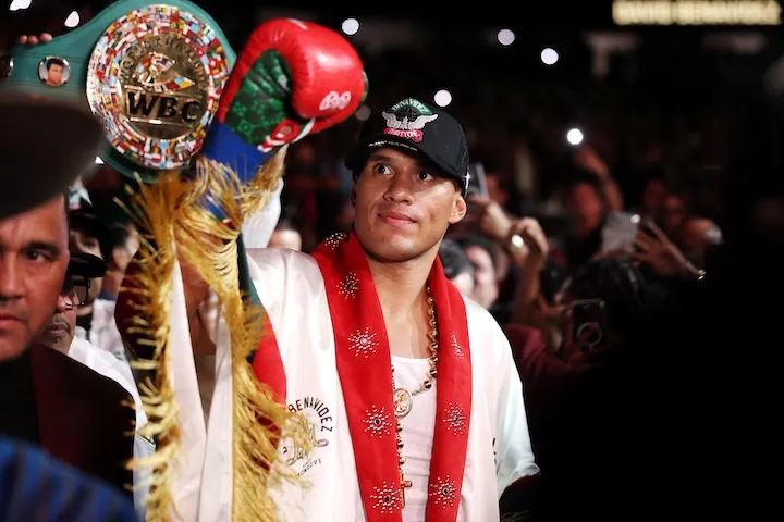 David Benavidez walks to the ring for his fight against Gilberto Ramirez on Saturday at T-Mobile Arena in Las Vegas. (May 2, 2026)