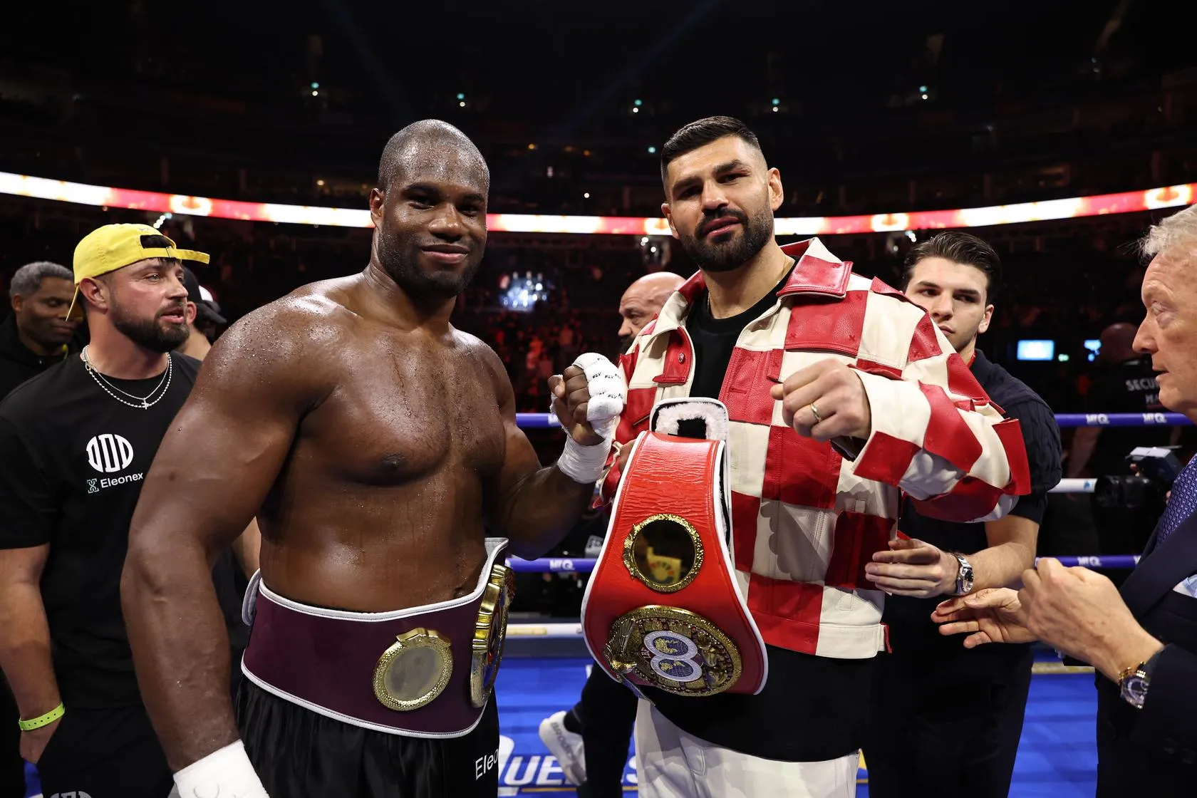Filip Hrgovic, donned in the colors of Croatia, greets the victorious Daniel Dubois on October 17, 2026