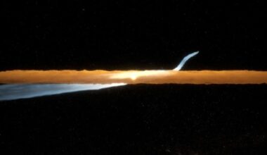This artist's illustration shows the Beta Pictoris debris disk, seen edge-on as it appears from Earth. The swirling gas and dust are depicted in orange, and a secondary disk, discovered previously, appears as a whitish feature below the plane of the main disk. On the right, the "Cat's Tail" feature, detected with the JWST in 2024, is visible, reaching far into space. Image Credit: NASA, ESA, CSA, STScI, Ralf Crawford (STScI)