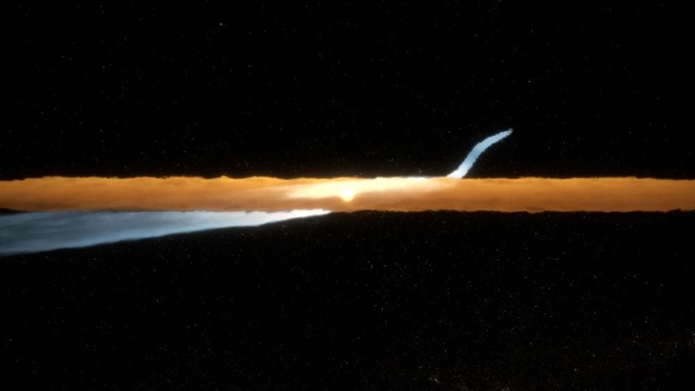 This artist's illustration shows the Beta Pictoris debris disk, seen edge-on as it appears from Earth. The swirling gas and dust are depicted in orange, and a secondary disk, discovered previously, appears as a whitish feature below the plane of the main disk. On the right, the "Cat's Tail" feature, detected with the JWST in 2024, is visible, reaching far into space. Image Credit: NASA, ESA, CSA, STScI, Ralf Crawford (STScI)