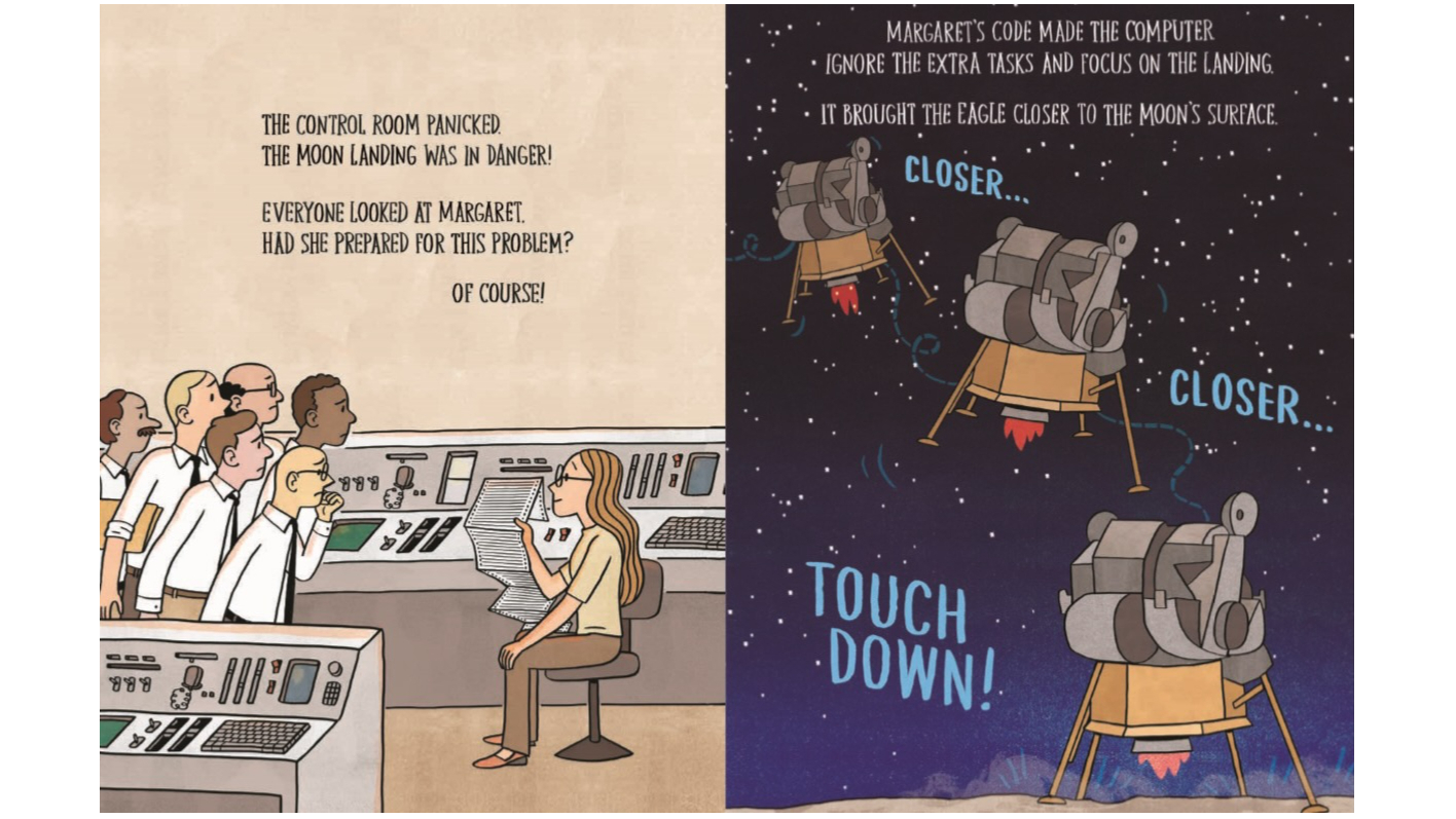 two pages from a graphic novel, showing a woman and six men in a computer lab and a spacecraft landing on the moon