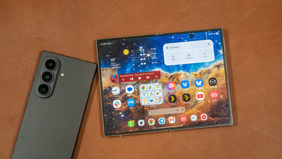Samsung Z8 foldable phones on leather