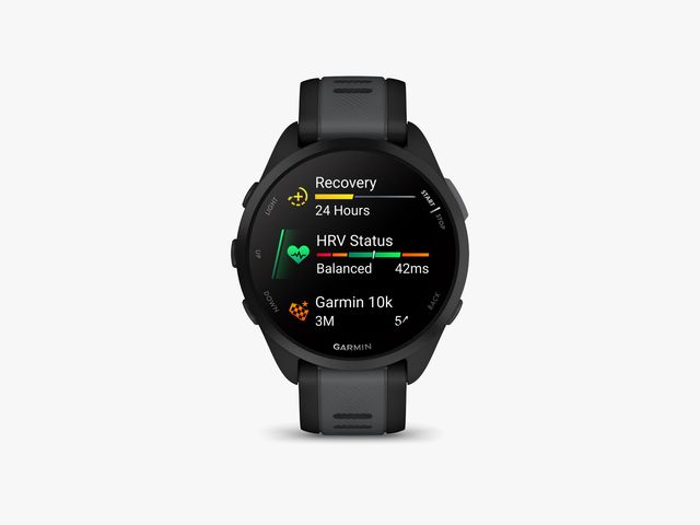 Digital wristwatch with screen showing stats for recovery, HRV and distance covered, on red rubber background