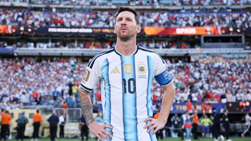 Argetina soccer star Lionel Messi looking upwards.
