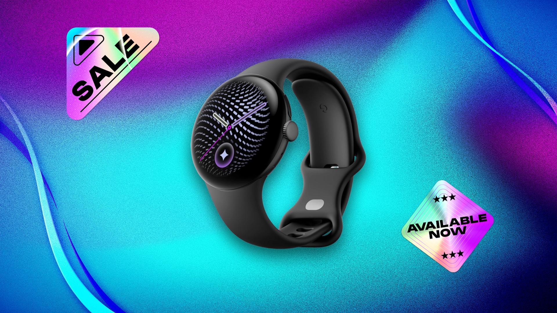Google Pixel Watch 5 in Obsidian with a blue and purple background