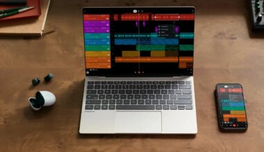 Googlebook laptop running a multitrack music editor on a wooden desk, beside a phone and earbuds