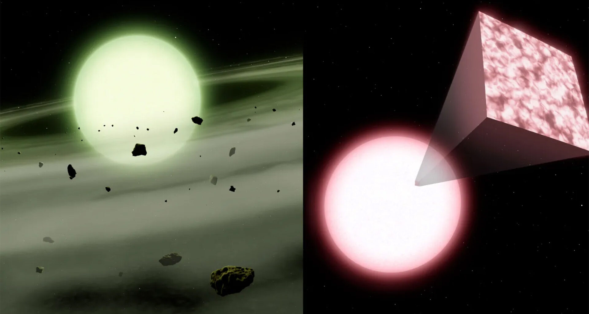An artist depiction of green and pink white dwarf stars.