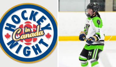 Split screen of Hockey Night in Canada logo, right, and a girl in hockey gear on the ice.