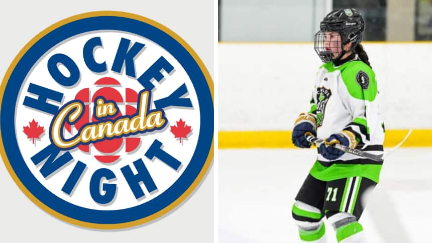 Split screen of Hockey Night in Canada logo, right, and a girl in hockey gear on the ice.
