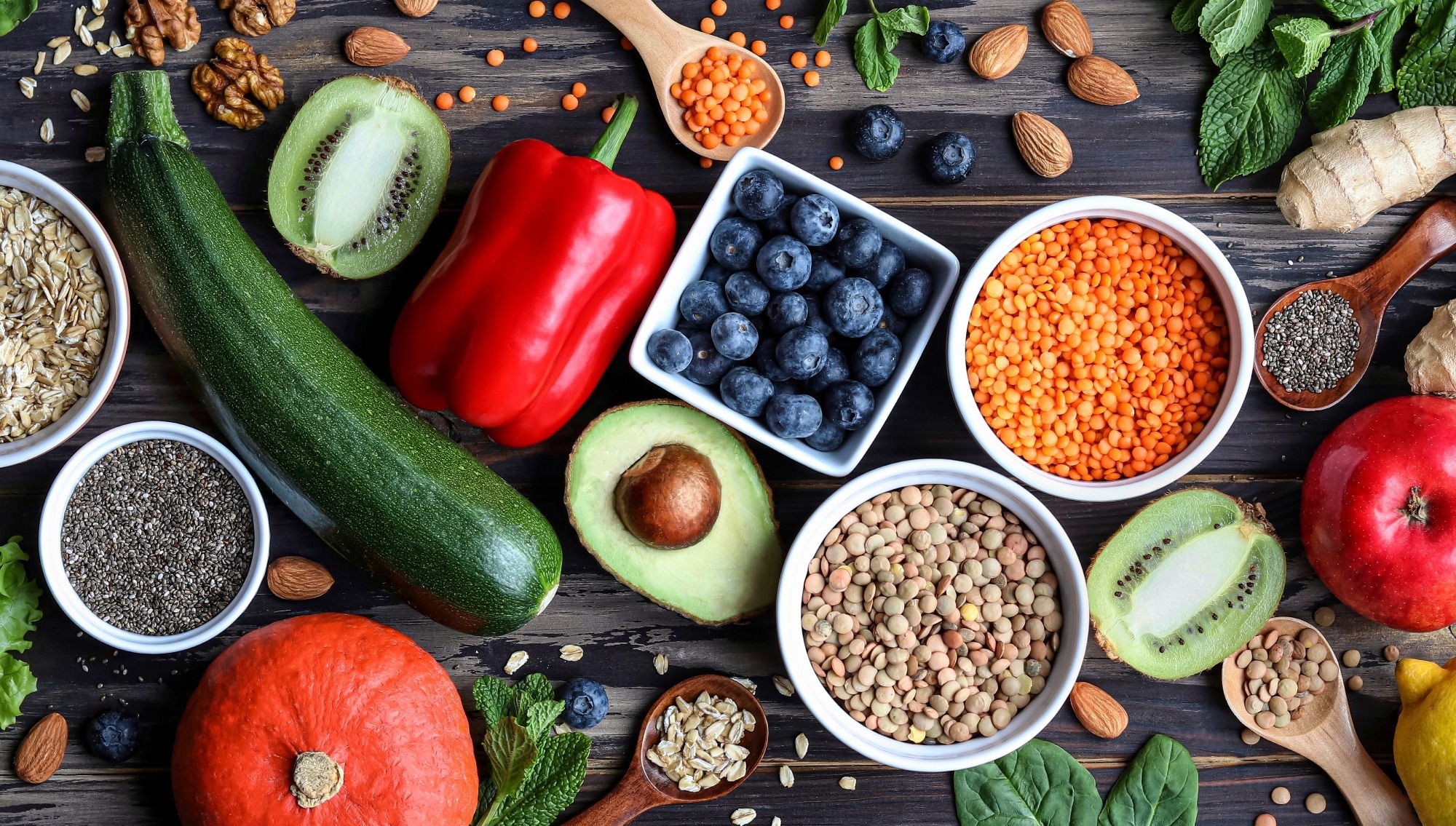 Spread of fruits, vegetables, and various grains.