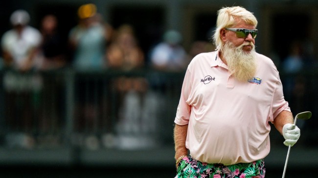 John Daly reacts to his second chip at the 16th hole during round 2 of the Kaulig Companies PGA Championship, July 10, 2026, at Firestone Country Club in Akron, Ohio.