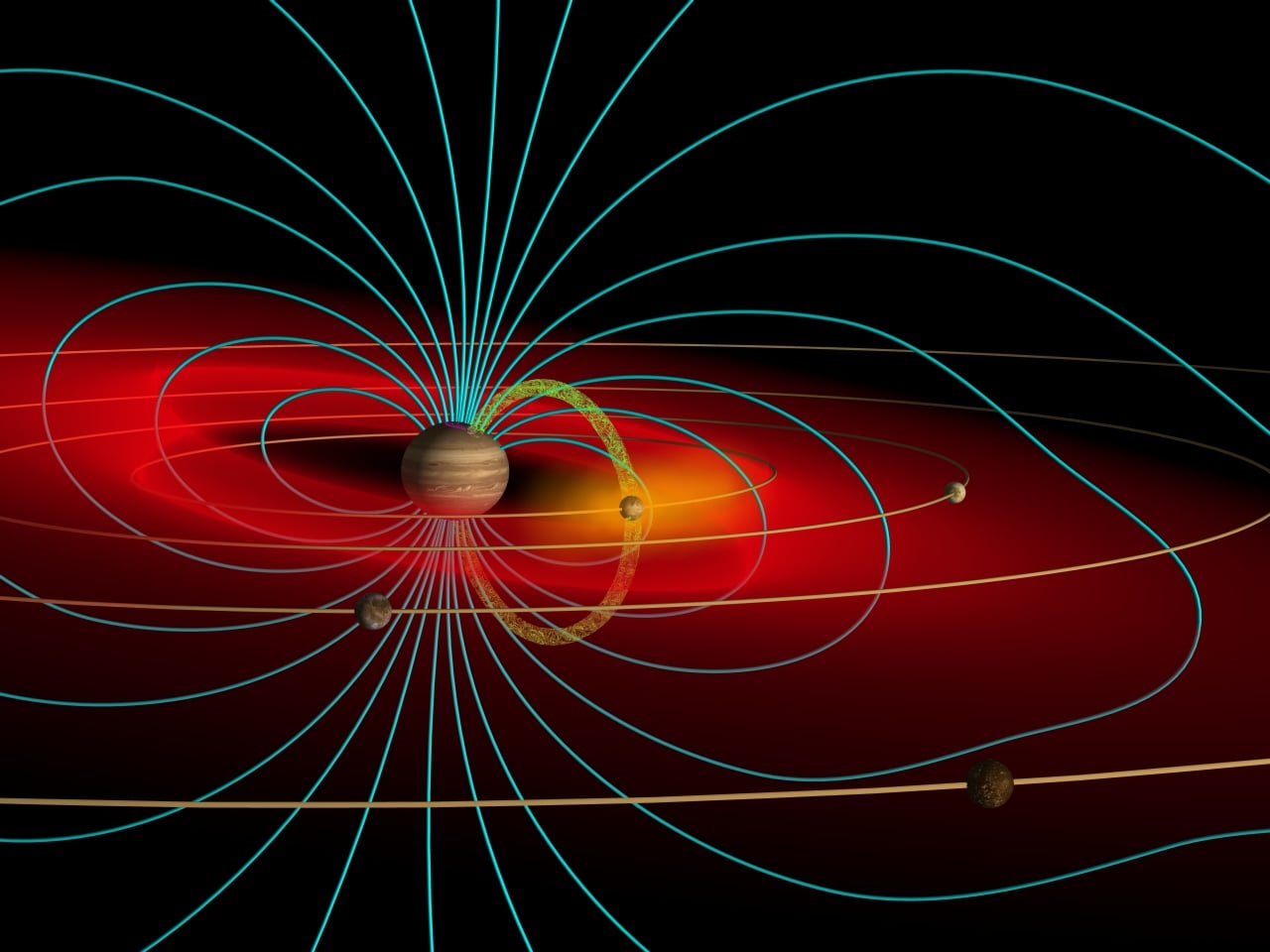 Schematic of the Jovian magnetosphere showing the Io Plasma Torus (red) and magnetic field lines (blue). Credit: John Spencer