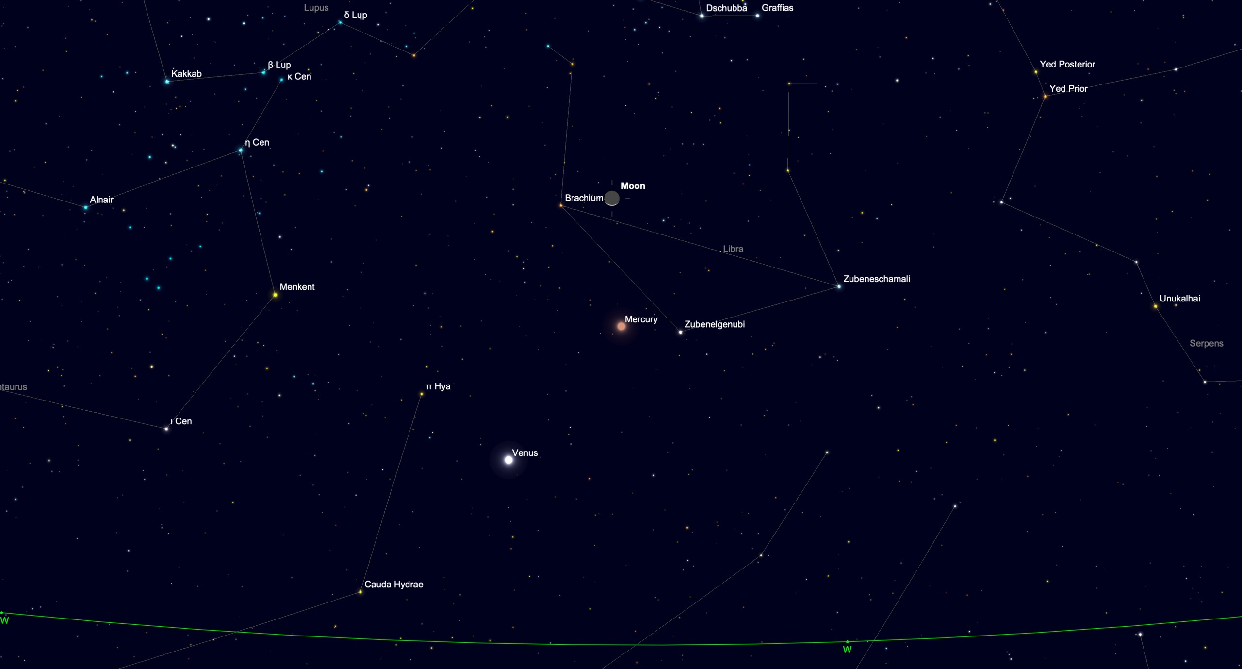 Star chart showing Mercury, Venus and a thin crescent moon low above the western horizon on Oct. 12.