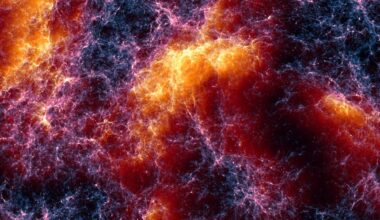 This stunning image comes from Lumina. It shows part of the cosmic web about 650 million light years across. The fine filaments represent dark matter, and the warm orange and yellow tones highlight where gas is moving the fastest between galaxy clusters. Lumina is the most detailed cosmological simulation ever created, even bigger than Illustris TNG 300. Image Credit: Oliver Zier, Center for Astrophysics